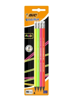 Набор карандашей чернографитных шестиугольных BIC Evolution Fluo HB 4 цвета с ластиком 4 шт (3086123449046)