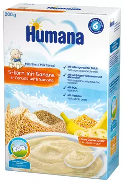 Молочная каша humana 5 злаков с бананом, с 6 месяцев, 200 г (4031244775542)