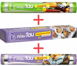Набор Frau Tau Пергамент для выпекания Белый 5 м + Пленка пищевая 20 м + Фольга алюминиевая 10 м (4820115386488) Набор Frau Tau Пергамент для выпекания Белый 5 м + Пленка пищевая 20 м + Фольга алюминиевая 10 м (4820115386488)