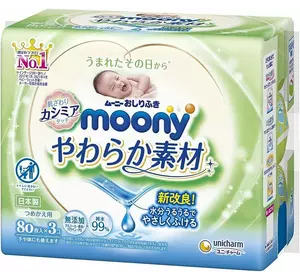 Детские влажные салфетки для ягодиц Moony Деликатные 80 шт х 3 (4903111181070) Детские влажные салфетки для ягодиц Moony Деликатные 80 шт х 3 (4903111181070)